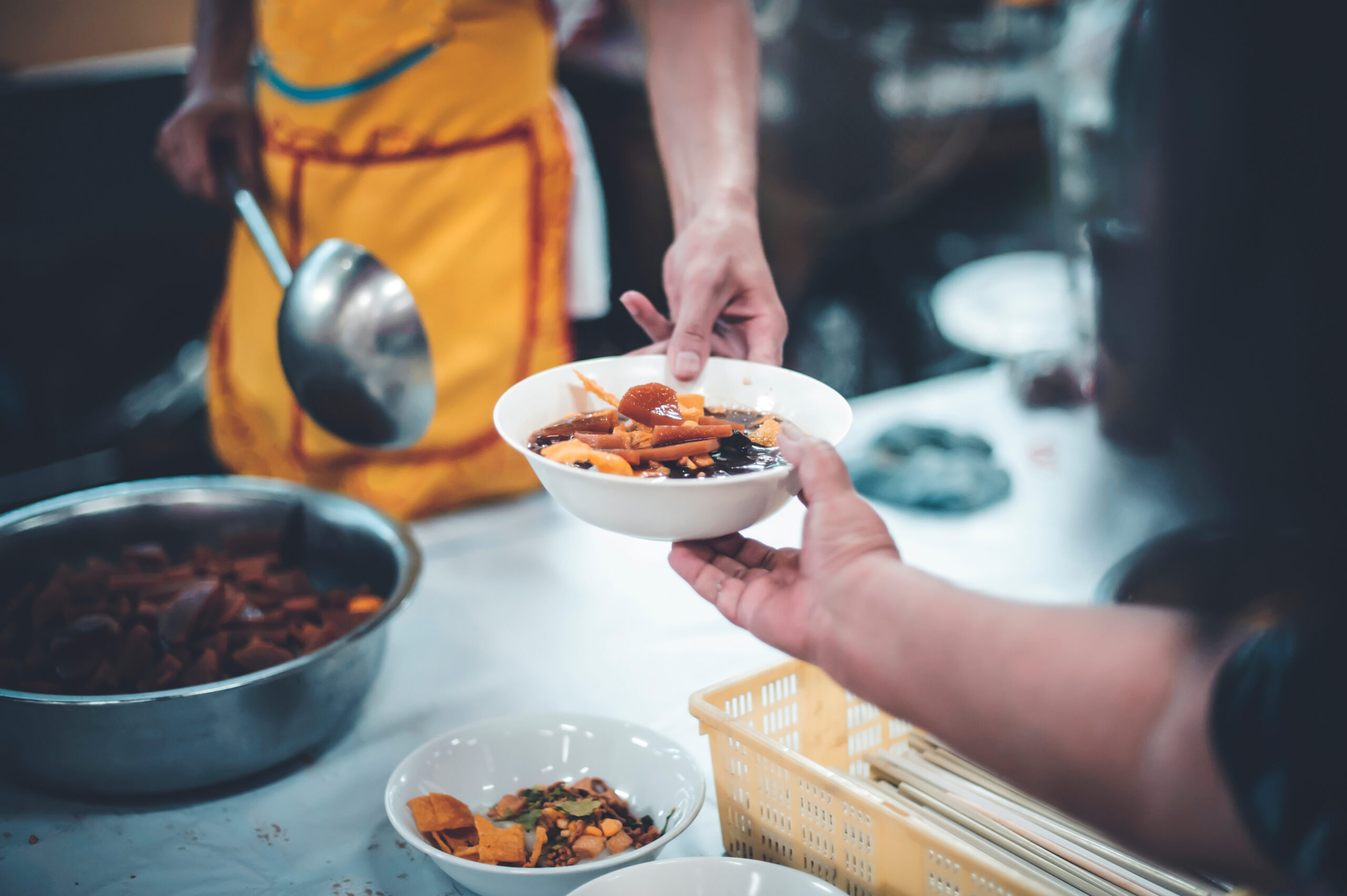 Concept of free food serving : Starvation issues help with food donations